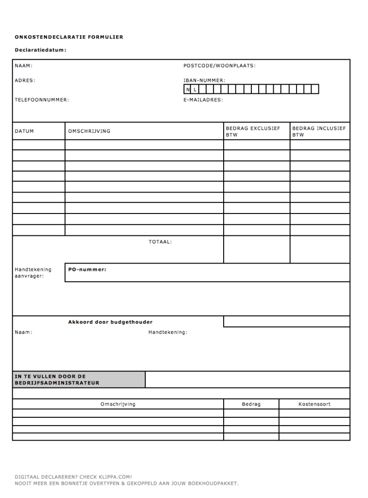 Voorbeeld declaratie formulier