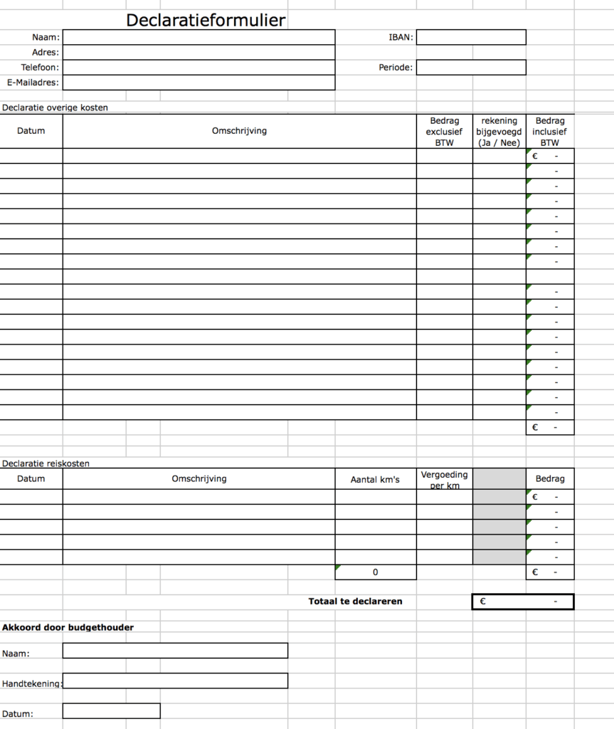 Voorbeeld declaratie formulier Excel