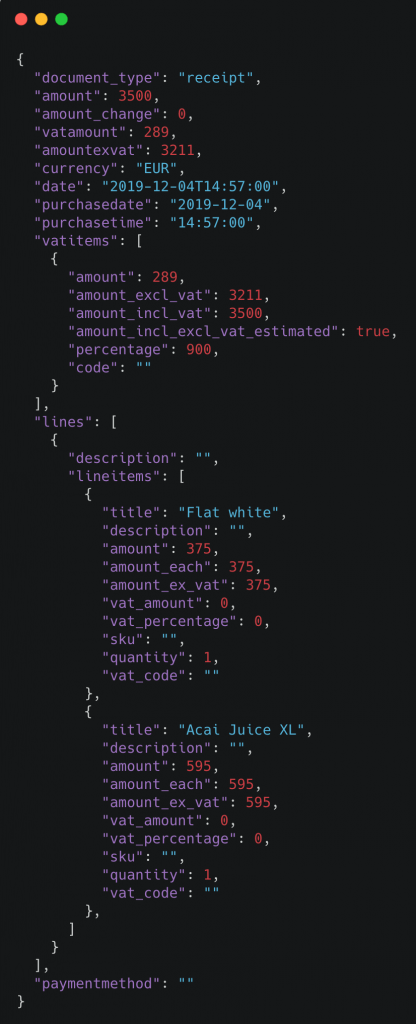 Klippa Receipt Capturing API Response in JSON