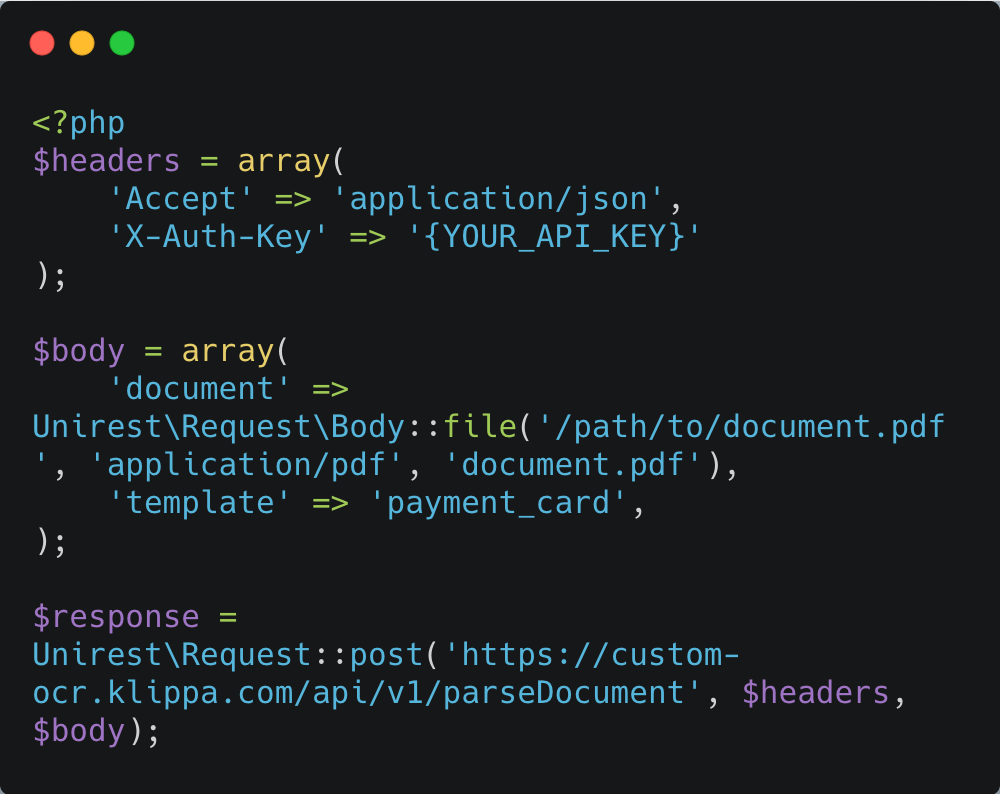 PHP code snippet of card scanner