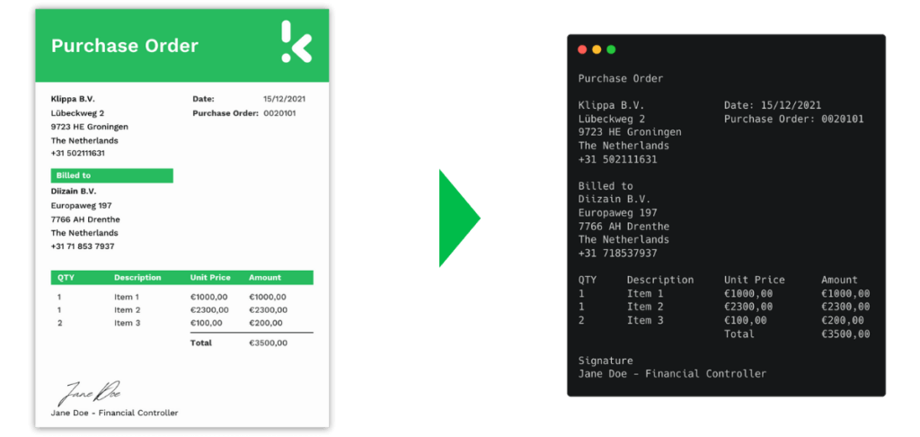 Purchase Order to Searchable Text