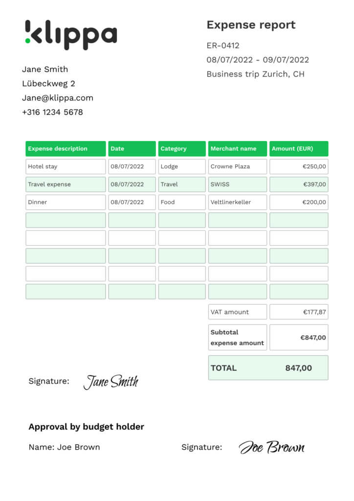 Example expense report