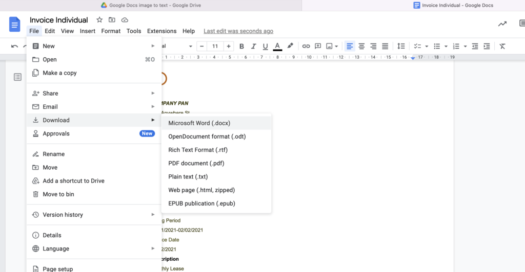 Google Docs - Export file