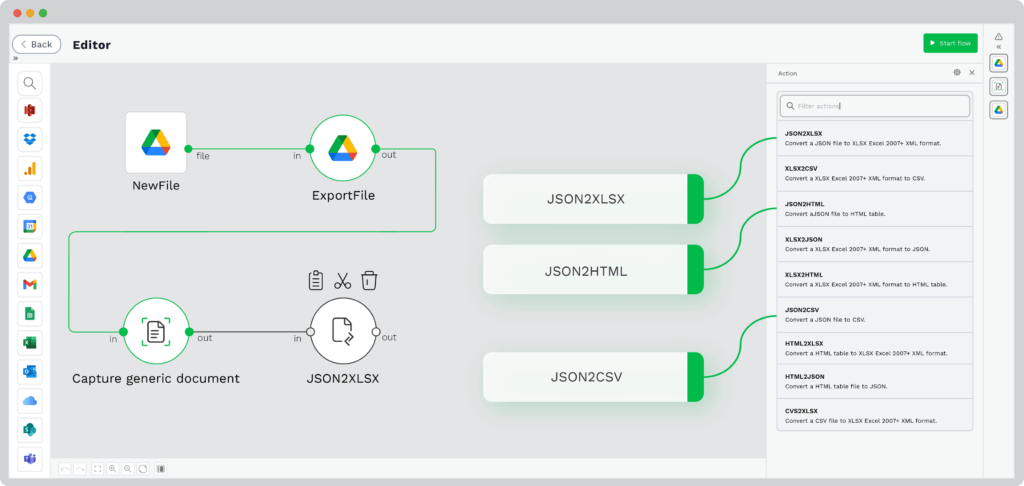 Converting JSON data into XLSX data in the DocHorizon platform, other conversion formats are shown