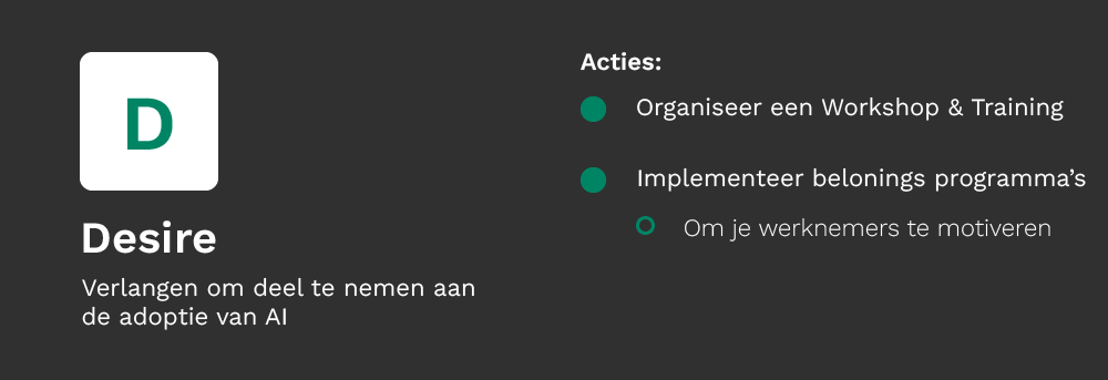 Overzicht van de 'desire' fase van het ADKAR model en de acties die je kan nemen om AI te implementeren in je organisatie